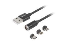 Opakowanie LANBERG KABEL COMBO MAGNETYCZNY USB-A -> USB MICRO(M) + LIGHTNING(M) + USB-C(M) 2.0 1M (CZARNY, QC 3.0) CA-3IN1-20CU-0010-BK