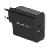 Opakowanie QOLTEC ŁADOWARKA SIECIOWA 63W | 5-20V | 1.5-3A | USB TYP C PD | USB QC 3.0 | CZARNA