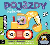 Okładka książki Pojazdy na budowie. Pierwsza kolorowanka z grubym obrysem i okrągłymi naklejkami. Papierowa zabawka