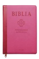 Okładka książki Biblia pierwszego Kościoła różowa z paginatorami
