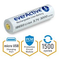 Okładka książki EVERACTIVE AKUMULATOR 18650 3,7V LI-ION 3200MAH MICRO USB Z ZABEZPIECZENIEM FWEV1865032MBOX