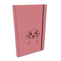 Opakowanie Notes A5 gładki  z gumką Soft Touch lakier UV pies labrador brudny róż