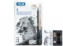 Opakowanie Zestaw 3 ołówków bezdrzewnych + temperówka + gumka + pędzel w metalowym opakowaniu