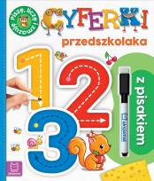 Okładka książki 1, 2, 3. cyferki przedszkolaka z pisakiem. piszę, liczę i zmazuję