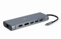 Okładka książki GEMBIRD MULTI ADAPTER USB TYP-C 8 W 1 (HUB3.0 + HDMI + DISPLAYPORT + VGA + PD + CZYTNIK KART + LAN + DŹWIĘK STEREO), SZARY