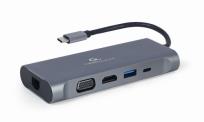 Okładka książki GEMBIRD MULTI ADAPTER USB TYPE-C 7 W 1 (HUB3.0 + HDMI + VGA + PD + CZYTNIK KART + DŹWIĘK STEREO), SZARY