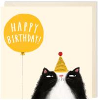Opakowanie Karnet kwadrat 009 Urodziny Kot z żółtym balonem