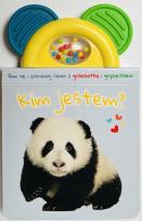 Okładka książki Kim jestem? błękitna. Książeczka z gryzaczkiem i grzechotką